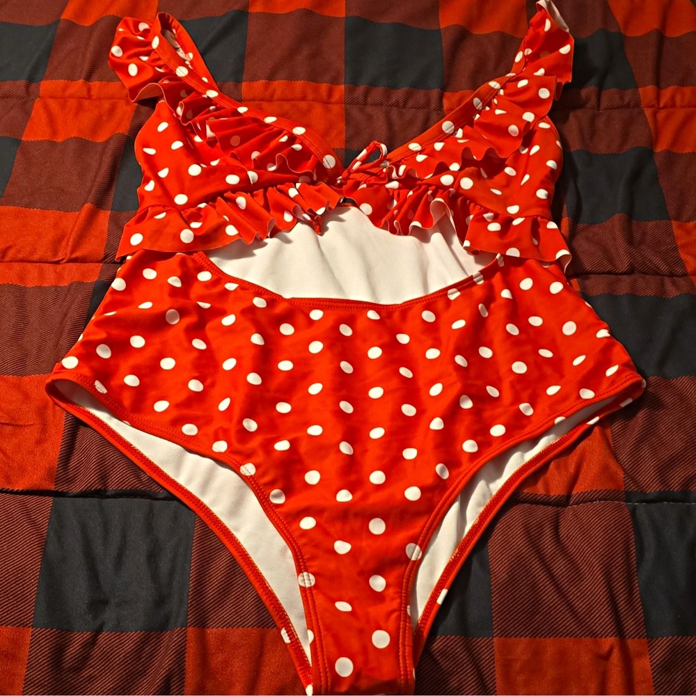 SHEIN Women's One-Piece Swimsuit XL Red/White Polka Dot Ruffle, Retro Inspired